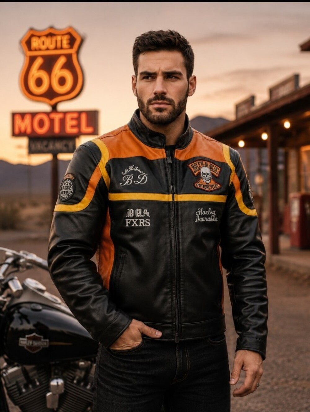 New Harley-Davidson Men's Black and Orange Leather Jacket